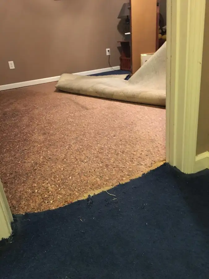 Carpet pad removal revealing water damage during Water Mitigation Services in Valley Center